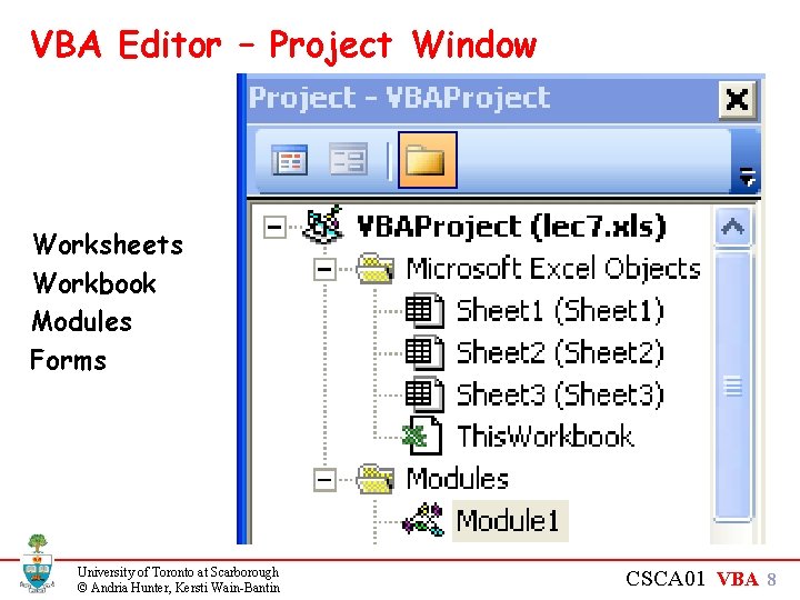 VBA Editor – Project Window Worksheets Workbook Modules Forms University of Toronto at Scarborough