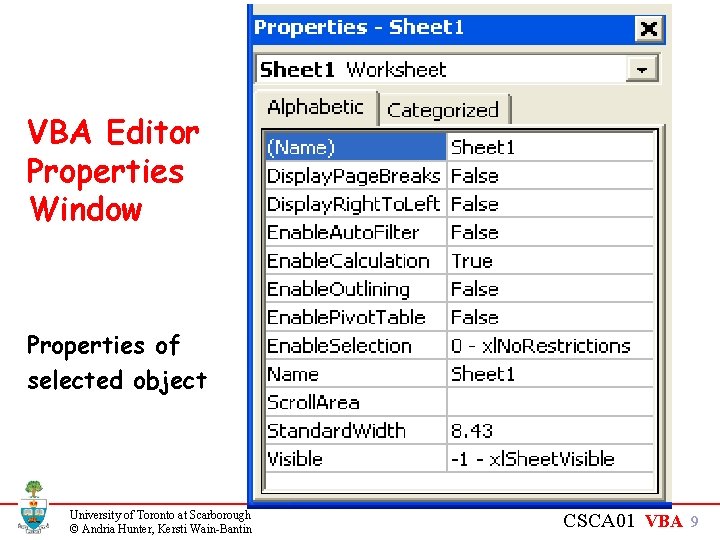 VBA Editor Properties Window Properties of selected object University of Toronto at Scarborough ©