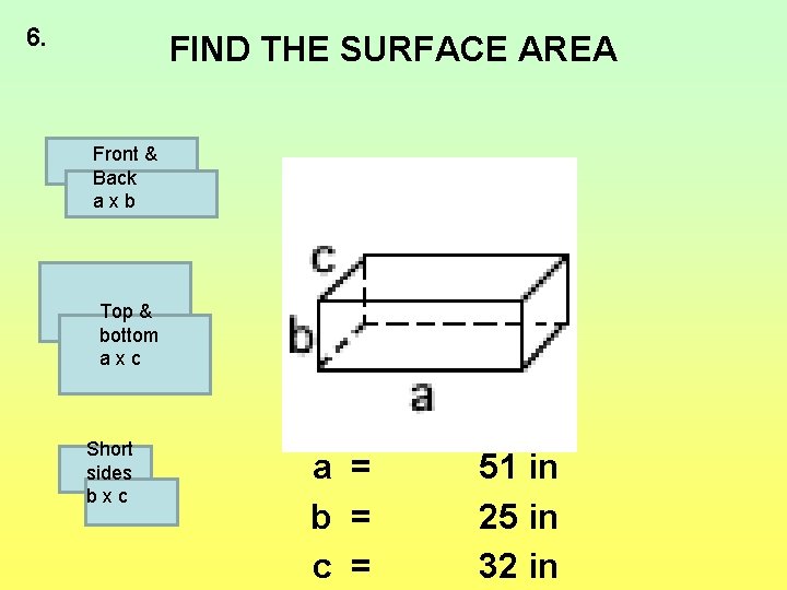 6. FIND THE SURFACE AREA Front & Back axb Top & bottom axc Short