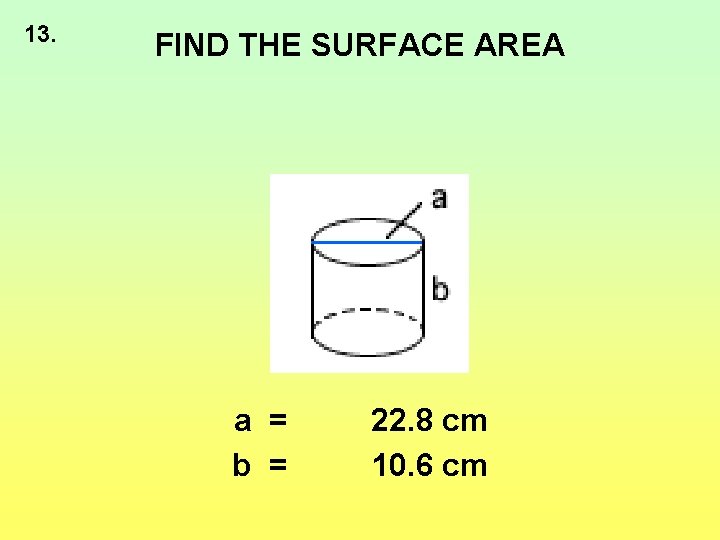 13. FIND THE SURFACE AREA a = b = 22. 8 cm 10. 6