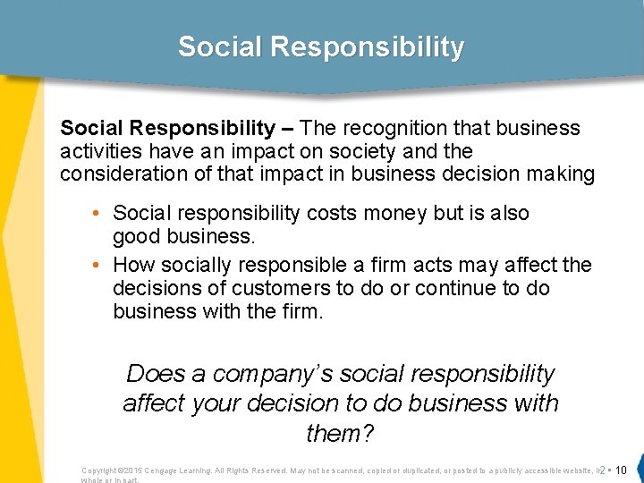 Social Responsibility – The recognition that business activities have an impact on society and