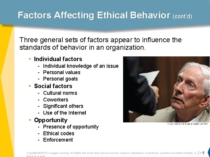 Factors Affecting Ethical Behavior (cont’d) Three general sets of factors appear to influence the