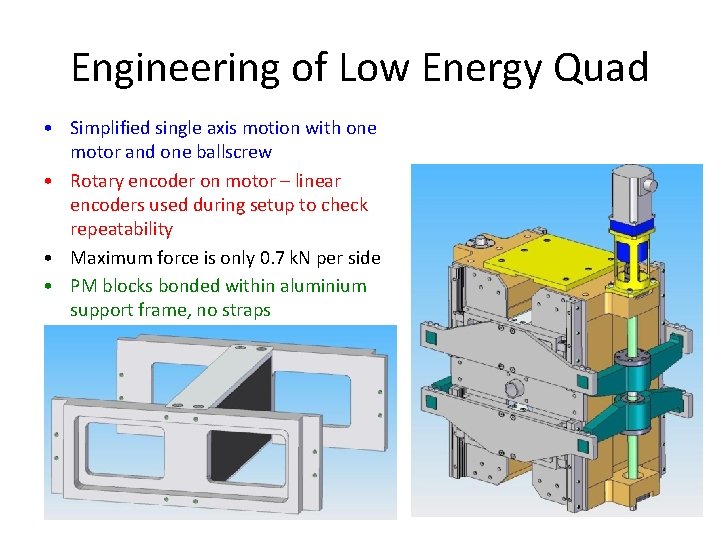 Engineering of Low Energy Quad • Simplified single axis motion with one motor and