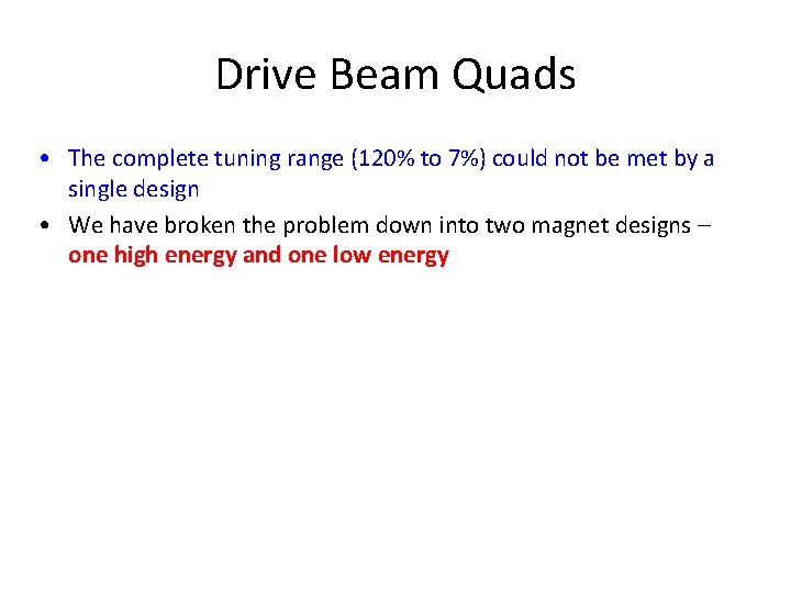 Drive Beam Quads • The complete tuning range (120% to 7%) could not be