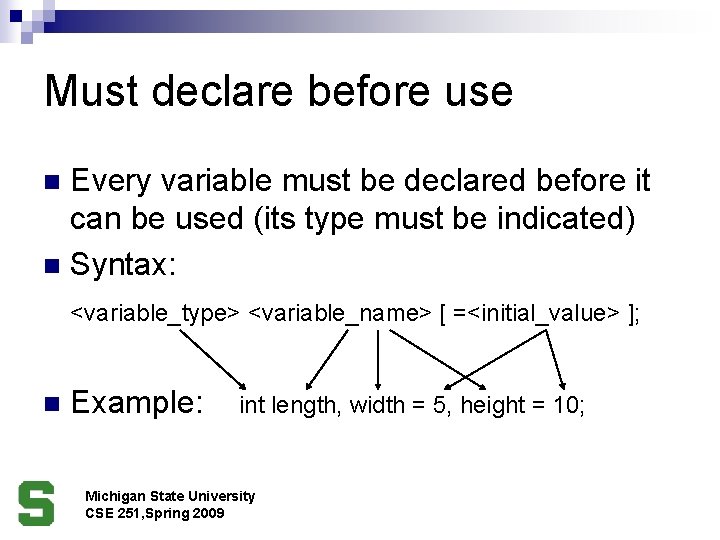 Must declare before use Every variable must be declared before it can be used