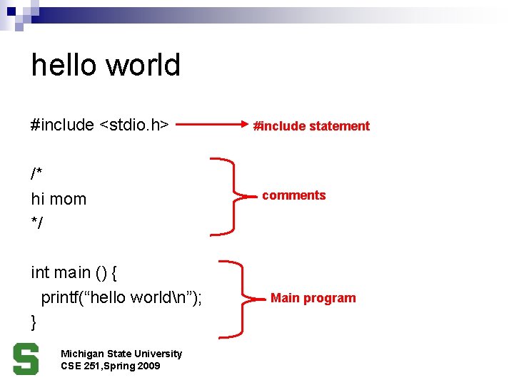 hello world #include <stdio. h> /* hi mom */ int main () { printf(“hello