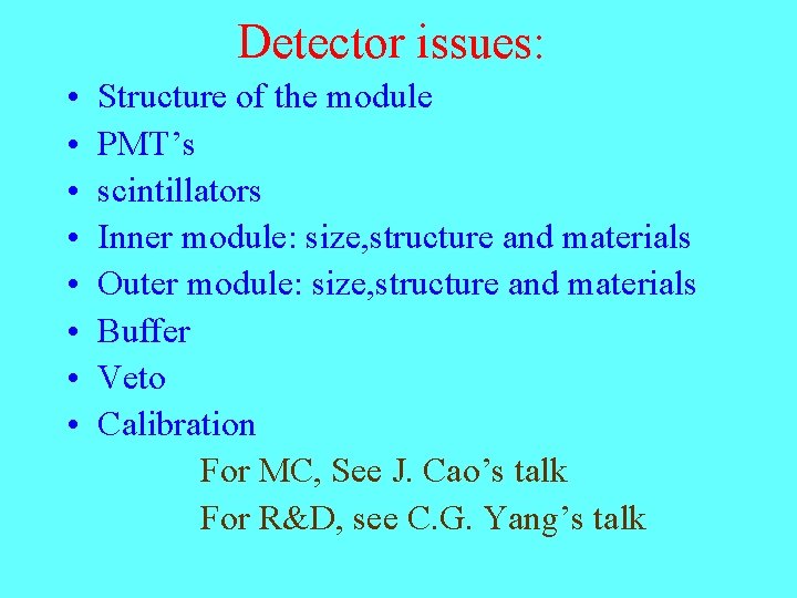 Detector issues: • • Structure of the module PMT’s scintillators Inner module: size, structure