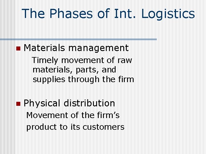 The Phases of Int. Logistics n Materials management Timely movement of raw materials, parts,