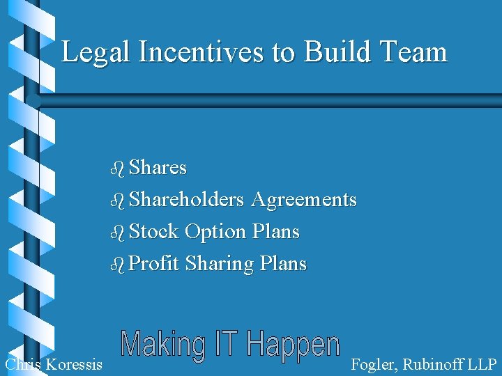 Legal Incentives to Build Team b Shares b Shareholders Agreements b Stock Option Plans