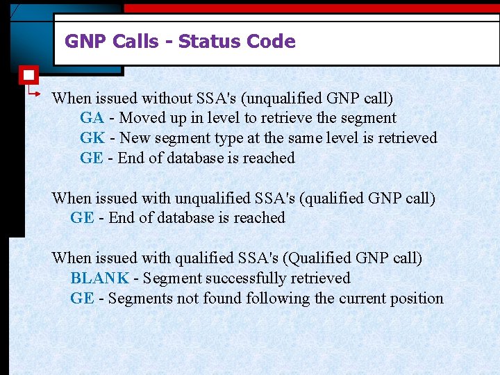 GNP Calls - Status Code When issued without SSA's (unqualified GNP call) GA -