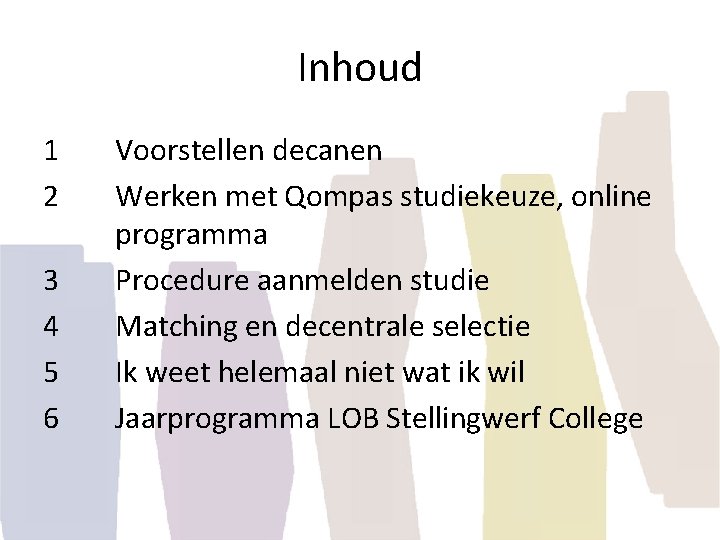 Inhoud 1 2 3 4 5 6 Voorstellen decanen Werken met Qompas studiekeuze, online