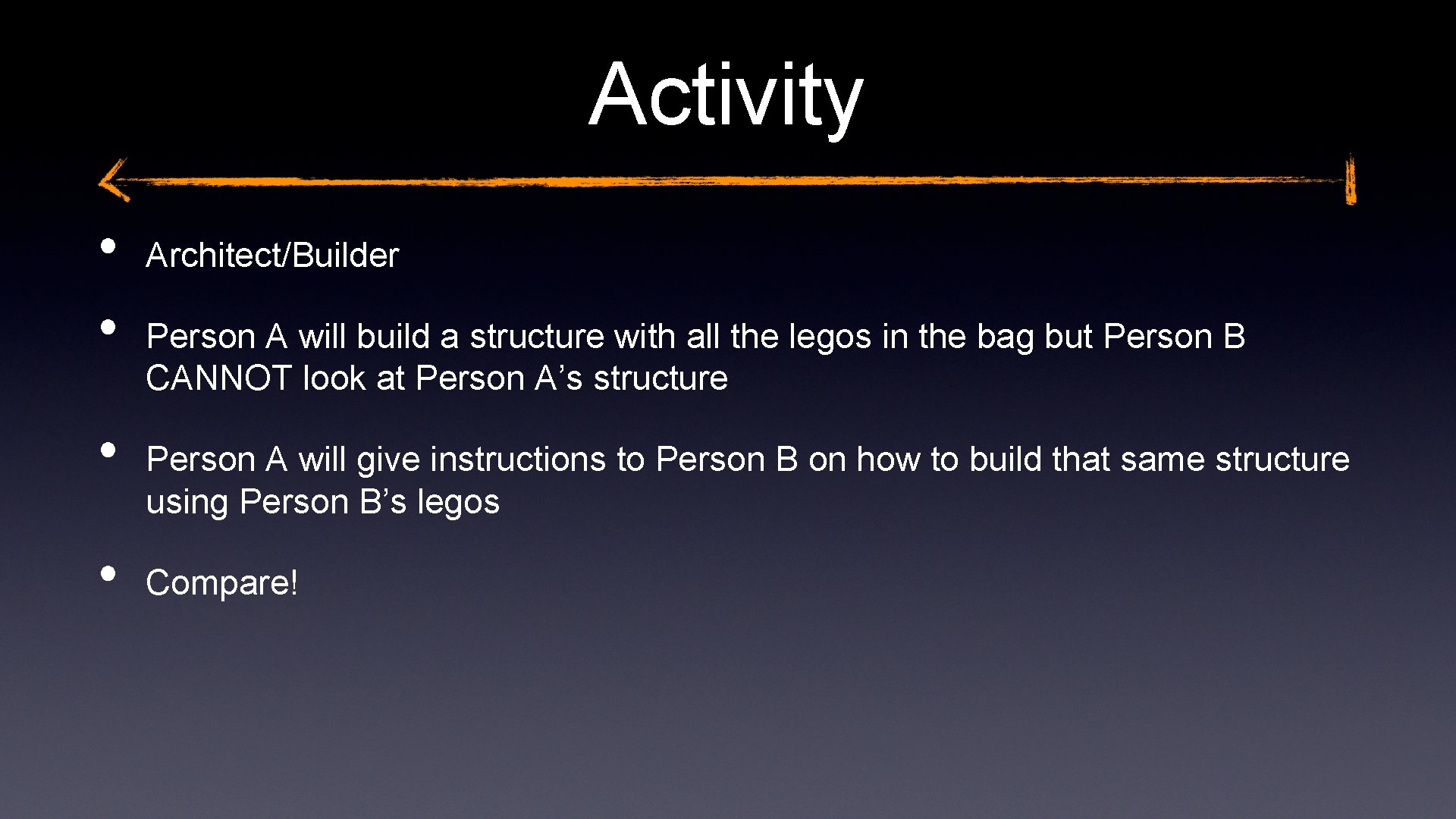 Activity • • Architect/Builder Person A will build a structure with all the legos