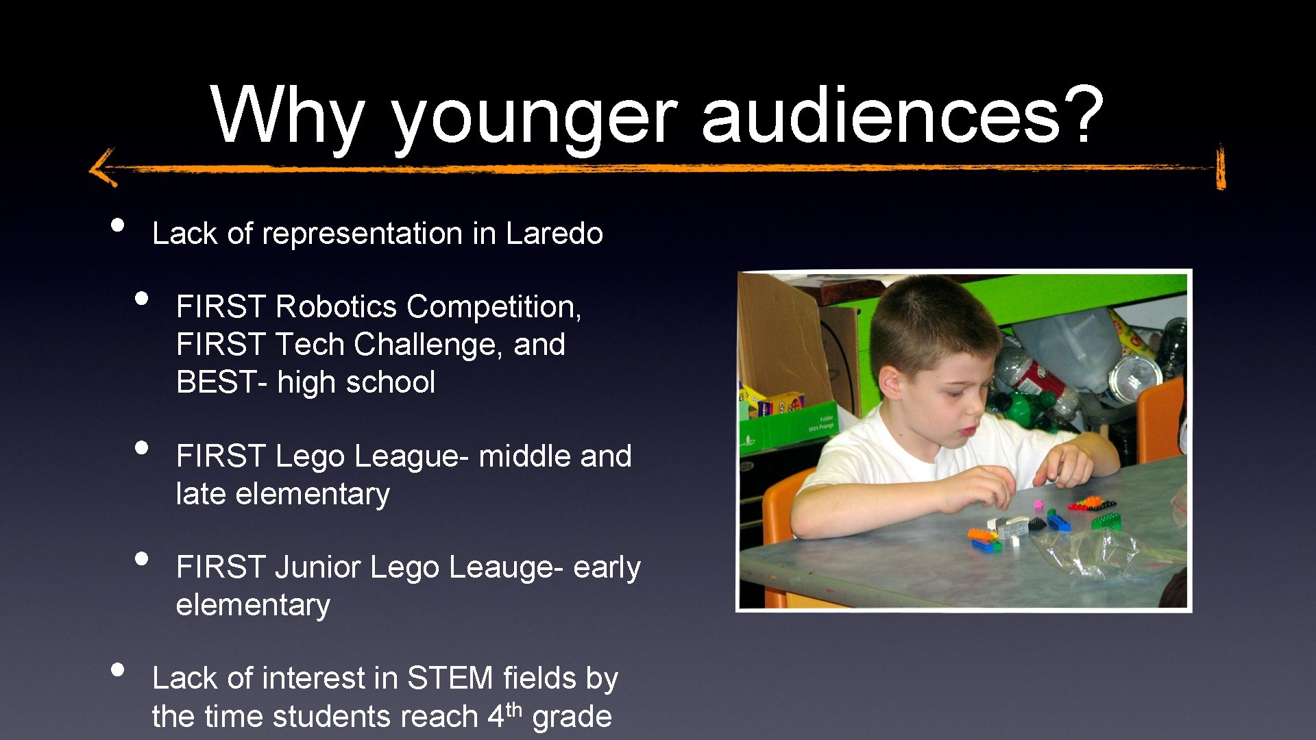 Why younger audiences? • Lack of representation in Laredo • • FIRST Robotics Competition,