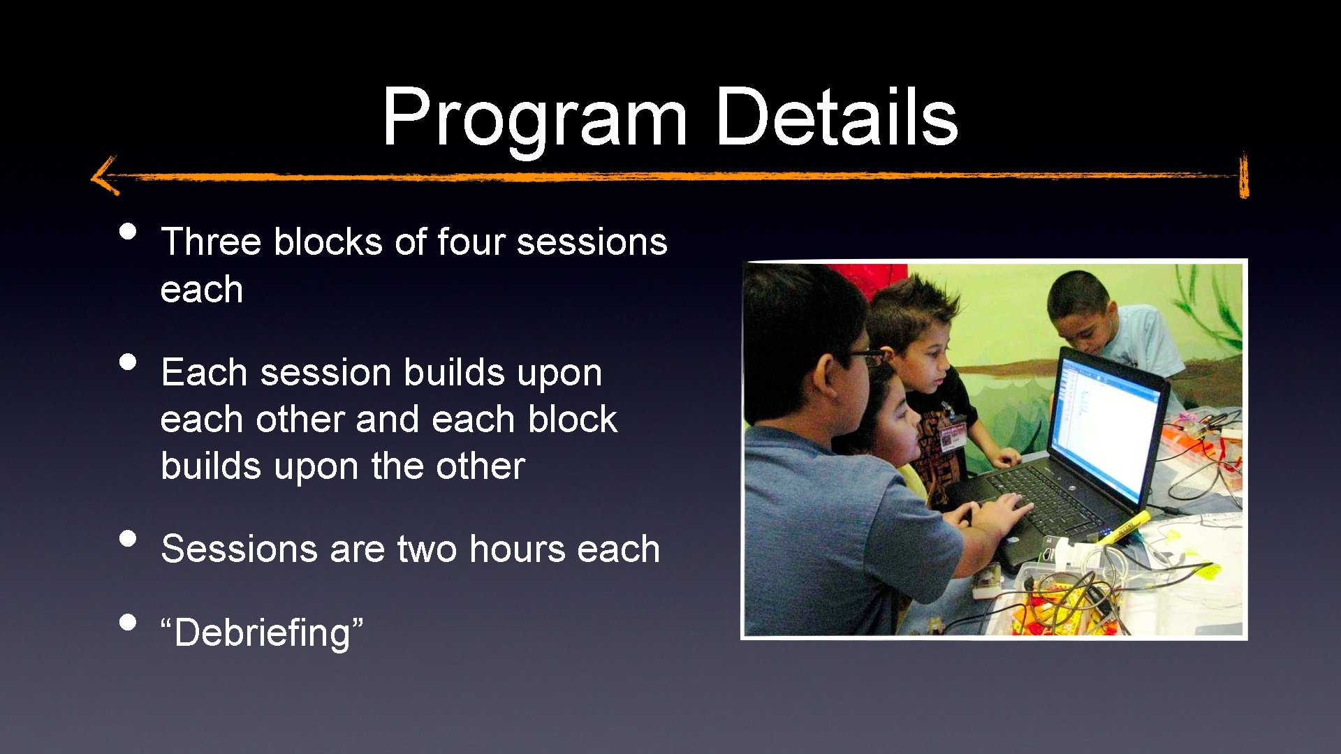 Program Details • • Three blocks of four sessions each Each session builds upon