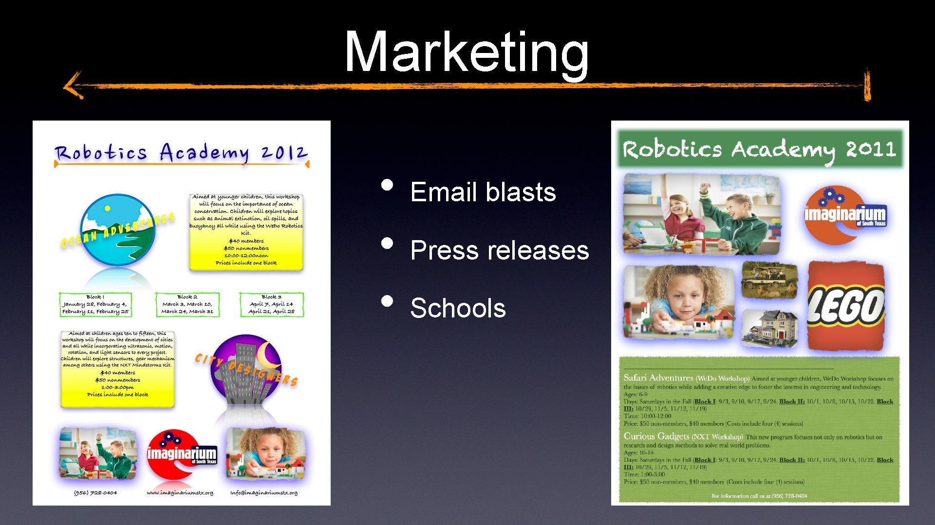 Marketing • • • Email blasts Press releases Schools 