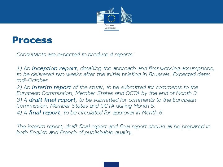 Process • Consultants are expected to produce 4 reports: • 1) An inception report,