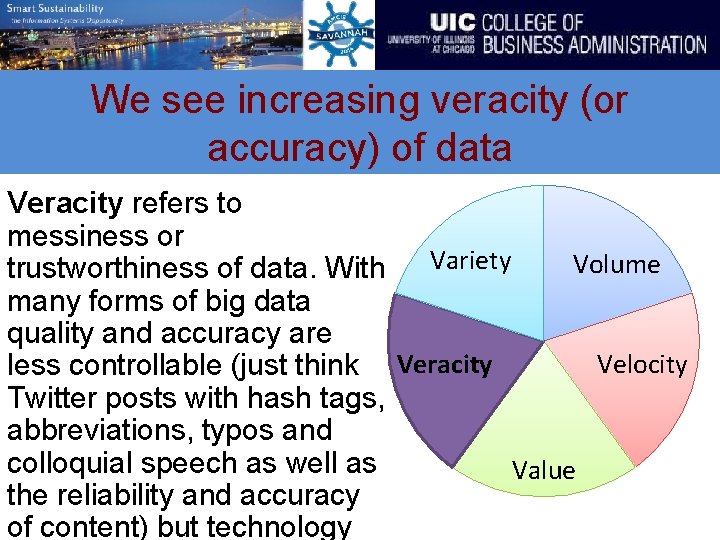 We see increasing veracity (or accuracy) of data Veracity refers to messiness or Volume