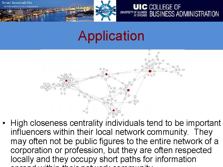 Application • High closeness centrality individuals tend to be important influencers within their local