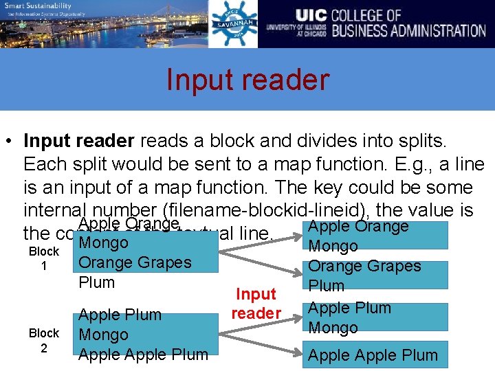 Input reader • Input reader reads a block and divides into splits. Each split