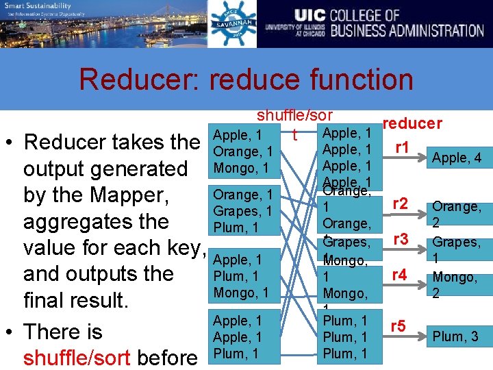 Reducer: reduce function shuffle/sor reducer Apple, 1 t Apple, 1 r 1 Orange, 1