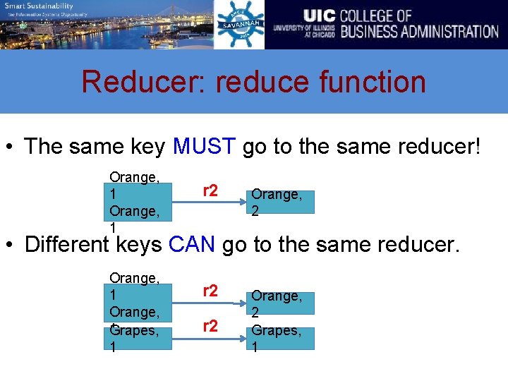 Reducer: reduce function • The same key MUST go to the same reducer! Orange,