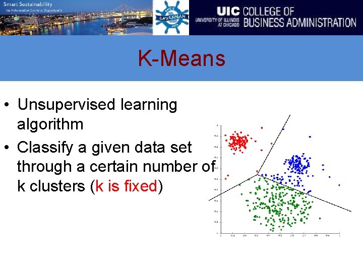 K-Means • Unsupervised learning algorithm • Classify a given data set through a certain