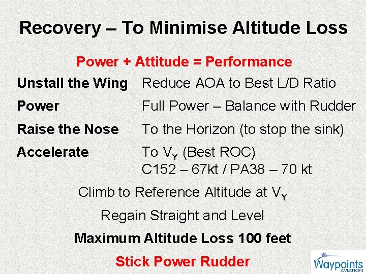 Recovery – To Minimise Altitude Loss Power + Attitude = Performance Unstall the Wing