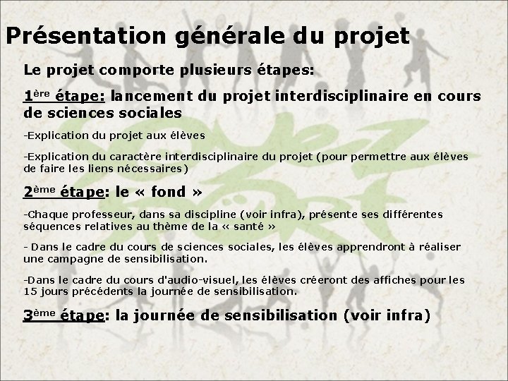 Présentation générale du projet Le projet comporte plusieurs étapes: 1ère étape: lancement du projet