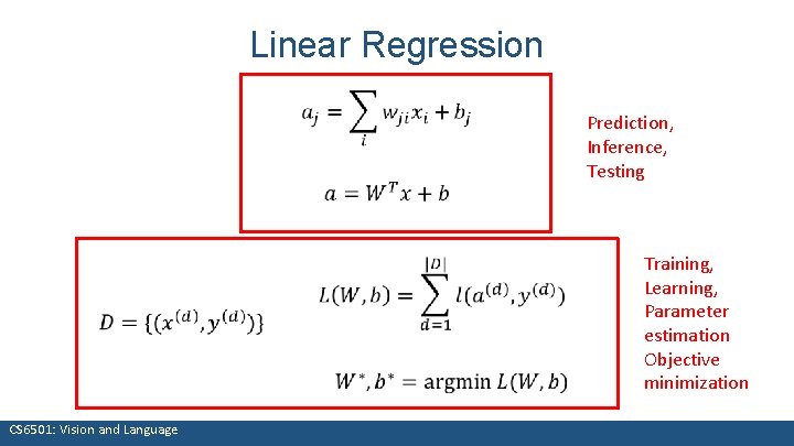 Linear Regression Prediction, Inference, Testing CS 6501: Vision and Language Training, Learning, Parameter estimation