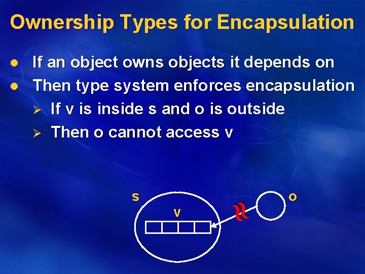 Ownership Types for Encapsulation l If an object owns objects it depends on Then
