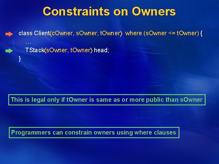 Constraints on Owners class Client c. Owner, s. Owner, t. Owner where (s. Owner