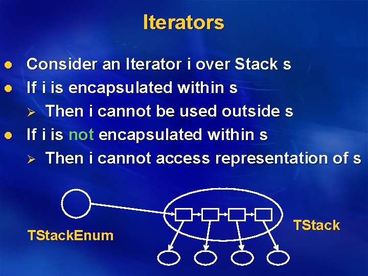 Iterators l l l Consider an Iterator i over Stack s If i is