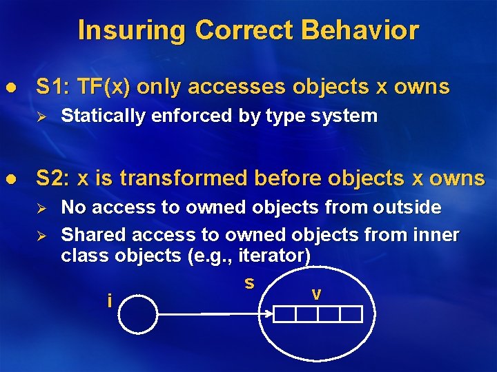 Insuring Correct Behavior l S 1: TF(x) only accesses objects x owns Ø l