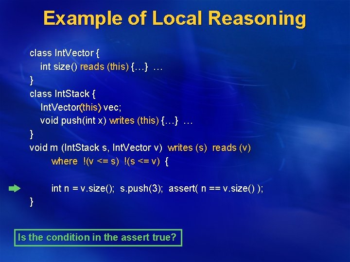 Example of Local Reasoning class Int. Vector { int size() reads (this) {…} …