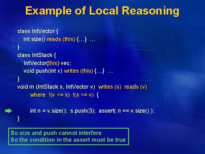 Example of Local Reasoning class Int. Vector { int size() reads (this) {…} …