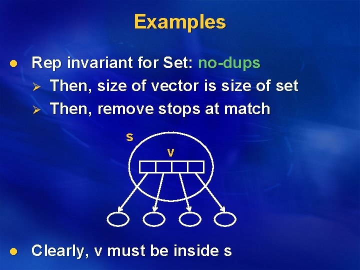 Examples l Rep invariant for Set: no-dups Ø Then, size of vector is size