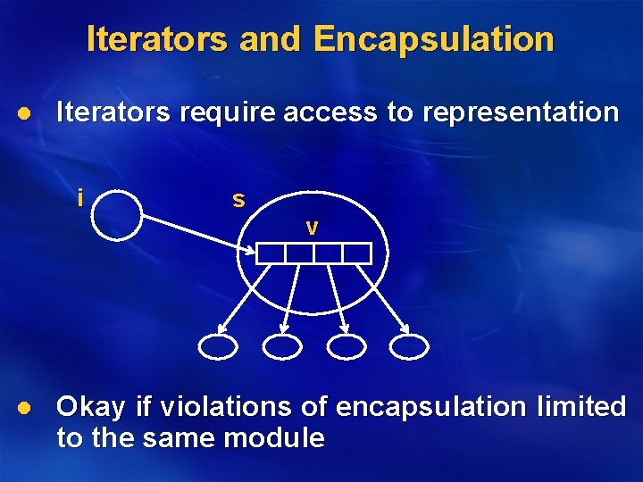 Iterators and Encapsulation l Iterators require access to representation i l s v Okay