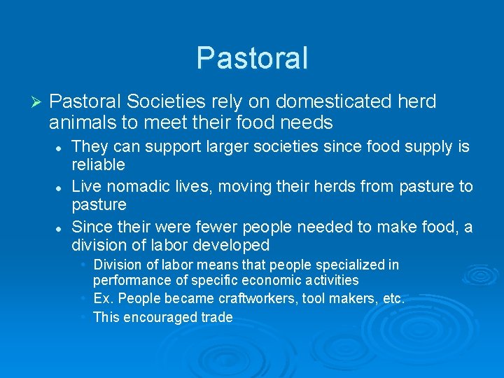 Pastoral Ø Pastoral Societies rely on domesticated herd animals to meet their food needs