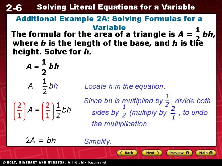 2 -6 Solving Literal Equations for a Variable Additional Example 2 A: Solving Formulas