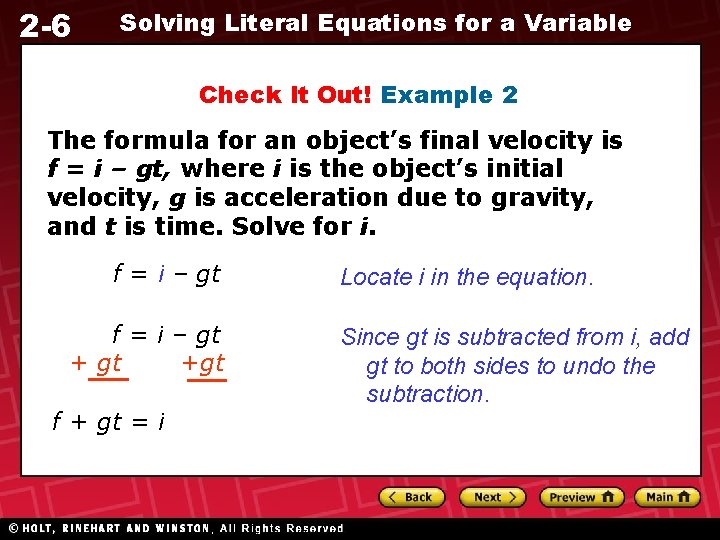 2 -6 Solving Literal Equations for a Variable Check It Out! Example 2 The