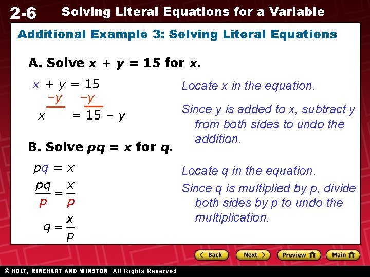 2 -6 Solving Literal Equations for a Variable Additional Example 3: Solving Literal Equations