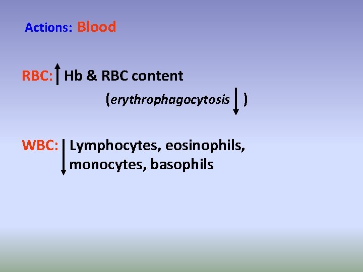 Actions: Blood RBC: Hb & RBC content (erythrophagocytosis ) WBC: Lymphocytes, eosinophils, monocytes, basophils