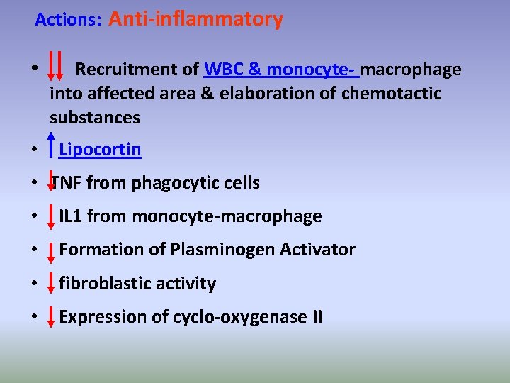 Actions: Anti-inflammatory • Recruitment of WBC & monocyte- macrophage into affected area & elaboration