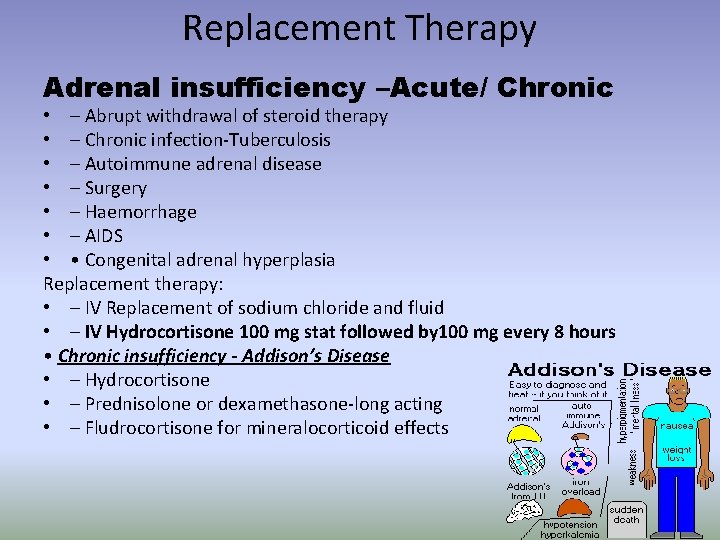 Replacement Therapy Adrenal insufficiency –Acute/ Chronic • – Abrupt withdrawal of steroid therapy •