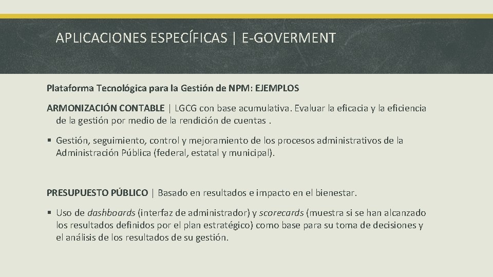 APLICACIONES ESPECÍFICAS | E-GOVERMENT Plataforma Tecnológica para la Gestión de NPM: EJEMPLOS ARMONIZACIÓN CONTABLE