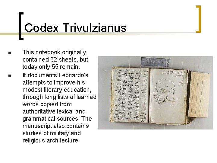 Codex Trivulzianus n n This notebook originally contained 62 sheets, but today only 55