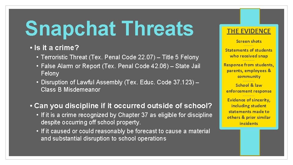 Snapchat Threats • Is it a crime? • Terroristic Threat (Tex. Penal Code 22.