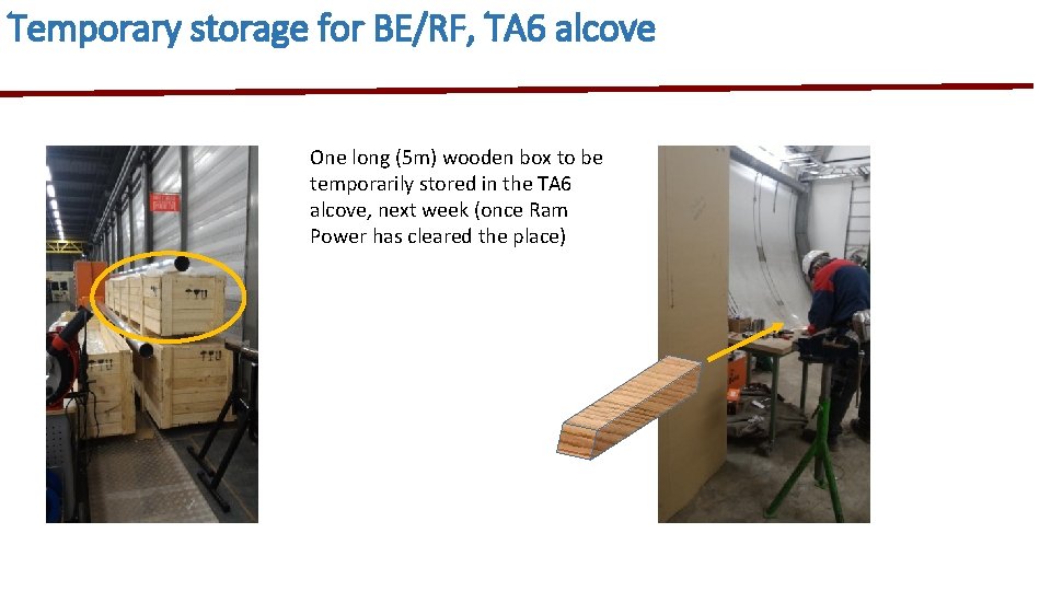 Temporary storage for BE/RF, TA 6 alcove One long (5 m) wooden box to