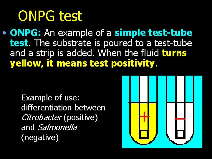 ONPG test • ONPG: An example of a simple test-tube test. The substrate is