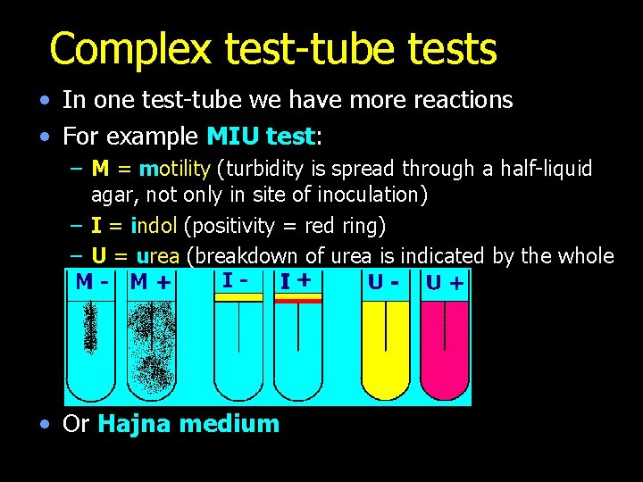 Complex test-tube tests • In one test-tube we have more reactions • For example